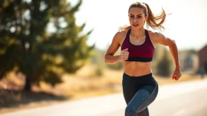 Athletic woman performing high-intensity interval training sprinting outdoors on sunny day, intense focused expression, professional fitness photography