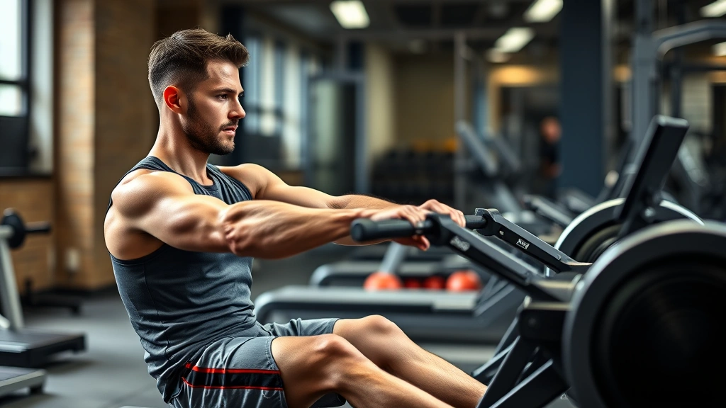 Fit male athlete rowing on indoor rowing machine with proper form, muscles engaged, gym environment, dynamic movement capture, professional sports photography