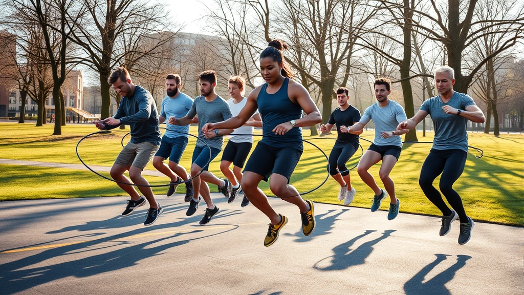 Group of diverse athletes performing jump rope training outdoors in athletic park, explosive movement, morning sunlight, energetic fitness scene, professional photography