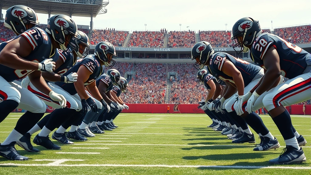 Professional football team in defensive formation at stadium, players in ready position, intense focus, photorealistic sports photography, daytime lighting