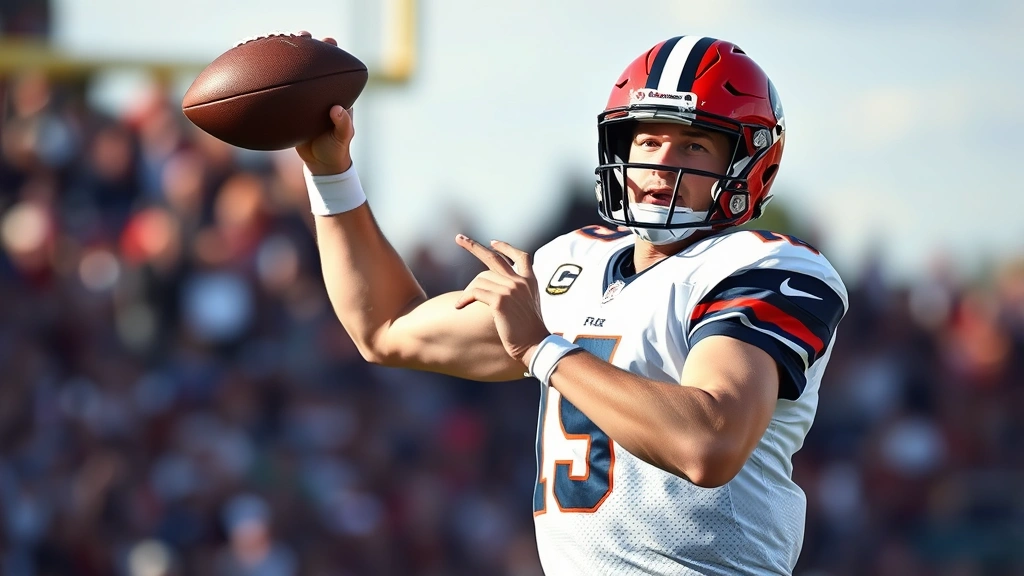 Athletic quarterback executing perfect throwing motion during game, field visible in background, concentrated expression, professional sports action photography