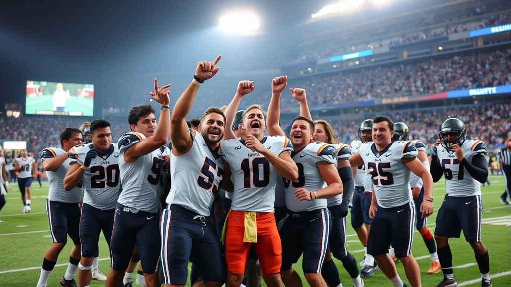 Championship-caliber football team celebrating victory on field, players showing emotion and unity, stadium atmosphere, dynamic sports moment photography