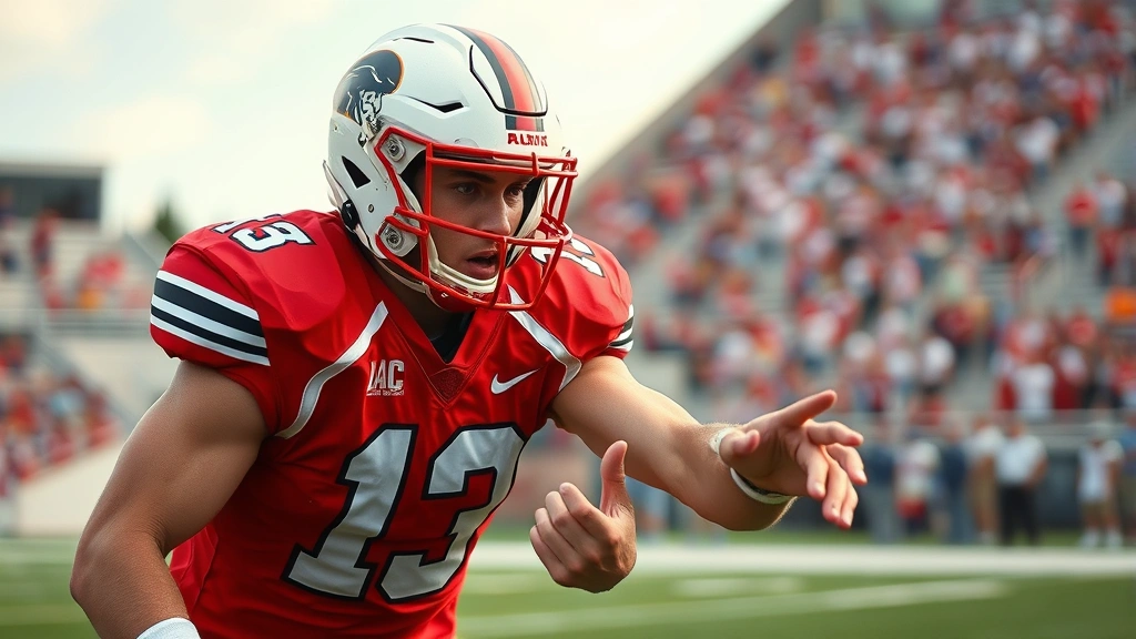 Athletic male college football player in uniform performing intense training drill on practice field, sweat visible, focused expression, stadium blurred in background, photorealistic