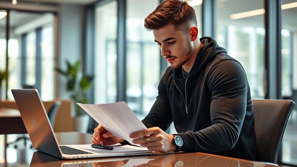 Young male athlete reviewing contract documents at desk with laptop, professional setting, modern office environment, concentrating on paperwork, natural lighting, photorealistic