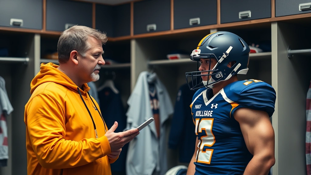 College football player in locker room receiving coaching instruction, both wearing team apparel, motivational moment, athletic facility setting, professional photography, photorealistic
