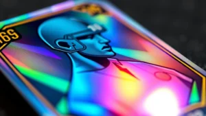 Close-up of holographic football trading card with light refracting through prism effect, showing vibrant colors and shimmer, professional photography with shallow depth of field
