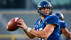 College football quarterback throwing a pass during practice, athletic young male athlete in blue jersey, focused intense expression, professional lighting, stadium background blurred