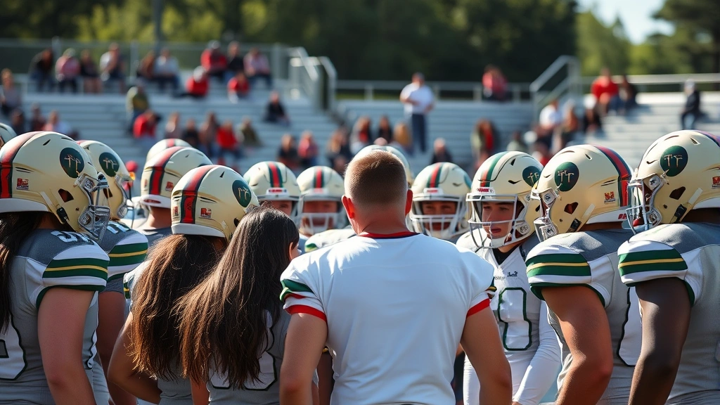College football players in huddle formation, diverse team members listening to coach instructions, focused concentration, natural stadium lighting, motivational team atmosphere
