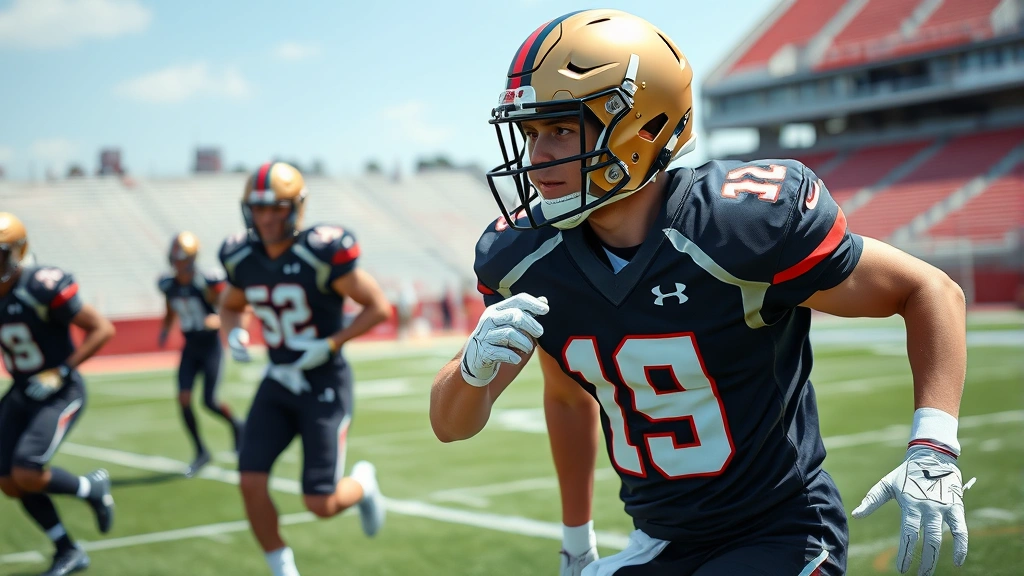 Young elite football player in uniform during training session, athletic form and explosiveness demonstrated, professional stadium environment, focused intensity, prime physical condition