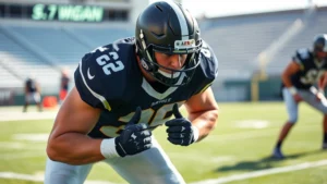Professional football player in athletic stance during practice, intense focus, sweat visible, natural stadium lighting, action-oriented pose capturing athletic excellence and determination