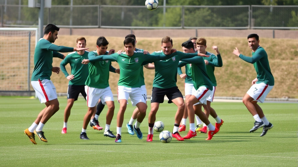 Multiple football players in synchronized training drill, showing teamwork and coordination, natural grass field, clear weather conditions, dynamic movement capturing professional athlete development