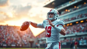 Elite college football quarterback in championship stadium during evening game, throwing football with precision form, crowd blurred in background, dynamic motion blur emphasizing athletic movement and competitive intensity