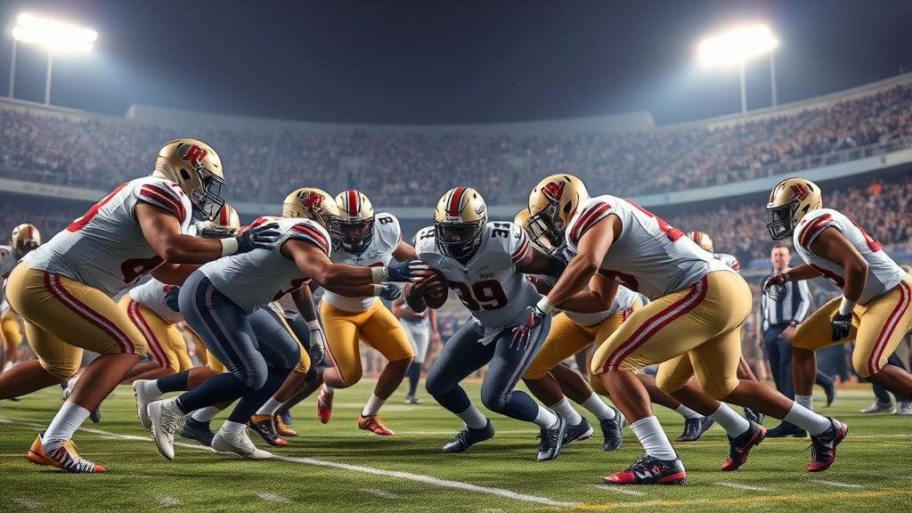 Defensive line players executing gap control during goal-line play, multiple athletes engaged in physical confrontation, stadium lights illuminating action, authentic football intensity captured in realistic moment of tactical execution