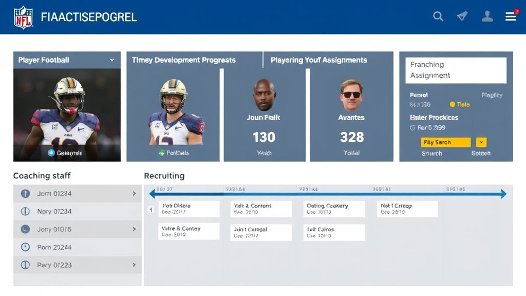 College football franchise mode interface displaying player development progression, coaching staff assignments, and recruiting timeline, representing strategic management gameplay and long-term dynasty building mechanics