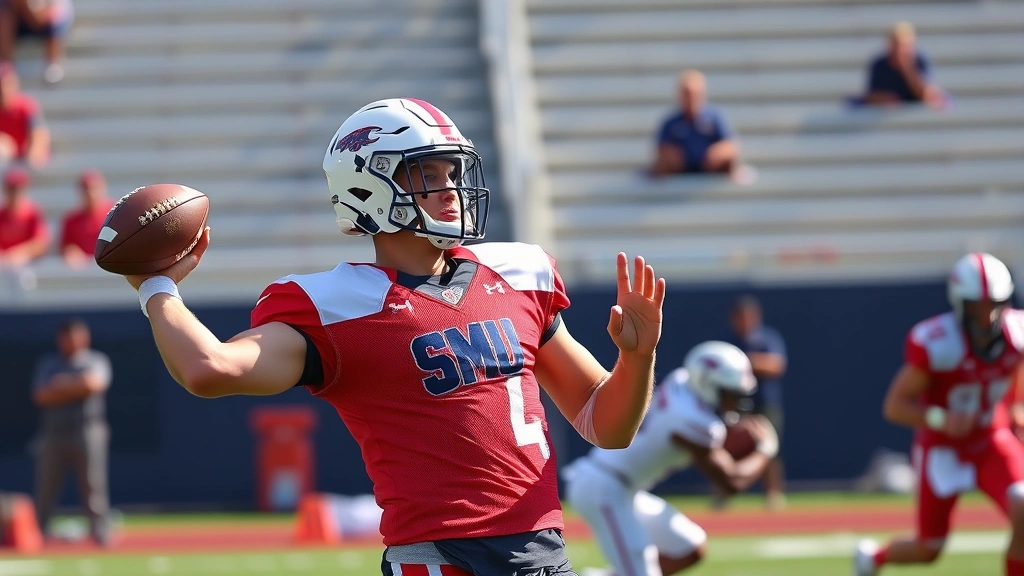 Athletic quarterback in SMU uniform throwing football during practice, focused form, receivers running routes in background, natural stadium lighting, dynamic action shot