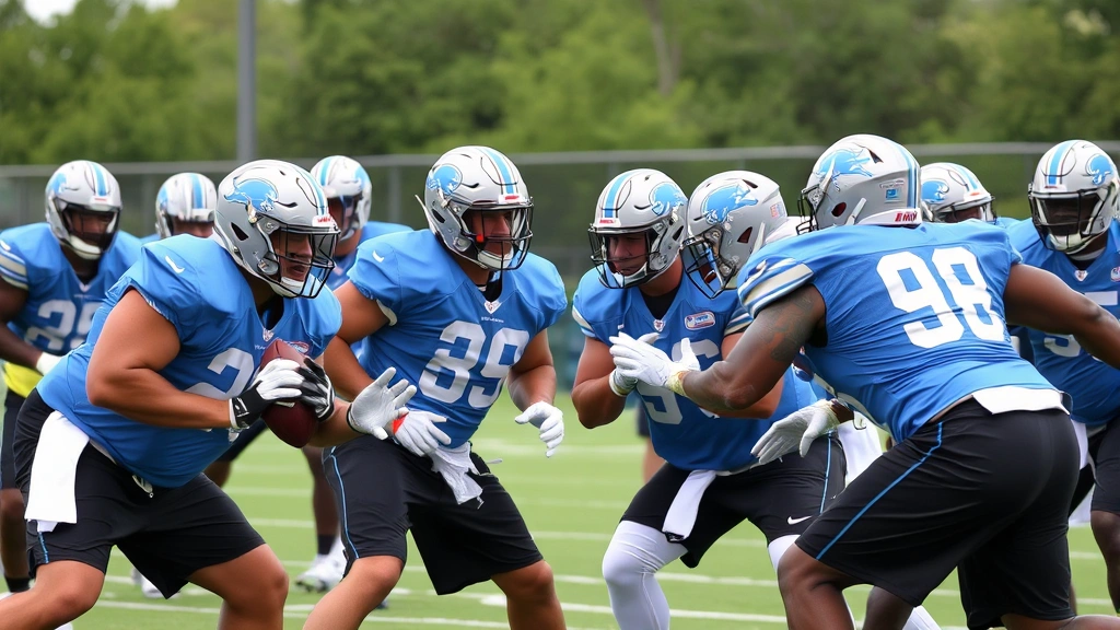 Defensive line players in Lions uniforms executing gap assignments during team practice, defensive backs in coverage drills, multiple athletes showing intensity and focus