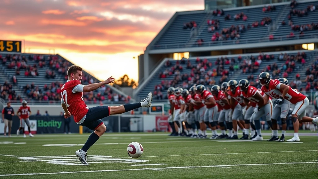 Kicker performing field goal attempt during stadium practice, special teams unit lined up in formation, evening lighting, showing technique and precision execution