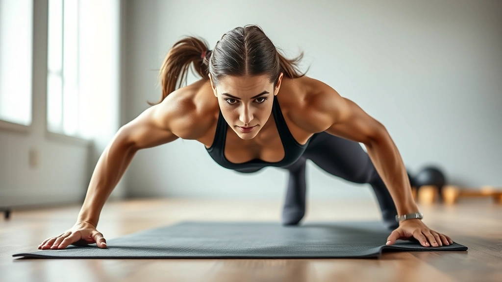 Athletic woman in power yoga chaturanga position on mat, strong muscular arms bearing body weight, focused expression, natural lighting, gym studio background