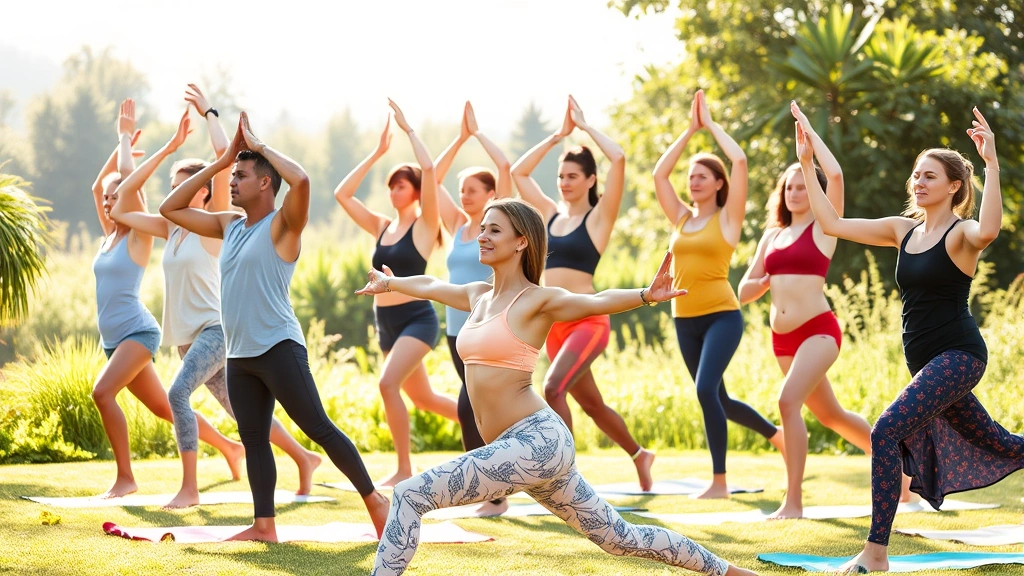 Group of diverse yoga practitioners in warrior pose sequence outdoors, morning sunlight, various body types and fitness levels, peaceful expression, green natural background