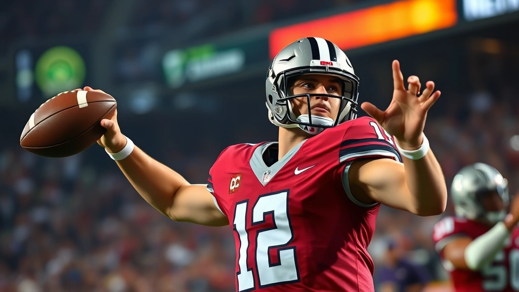 College football quarterback throwing spiral pass during game action, intense focus expression, professional stadium lighting, athletic form demonstration