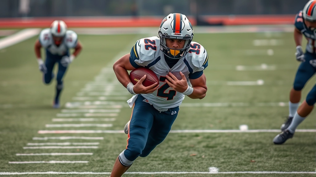 Running back carrying football through defensive gap, explosive leg drive power, turf contact detail, game-day uniform action shot