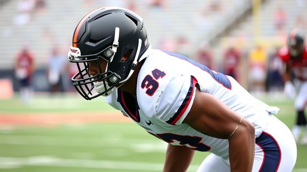 Defensive back in coverage position, athletic stance preparation, ready posture, game field background, football concentration focus