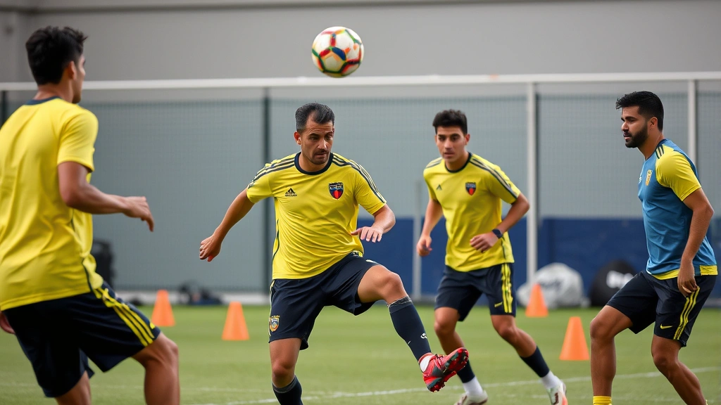 Professional soccer players in Ecuador national team yellow jerseys executing precise passing drill during high-intensity training session, focused expressions, modern training facility with cones and equipment visible