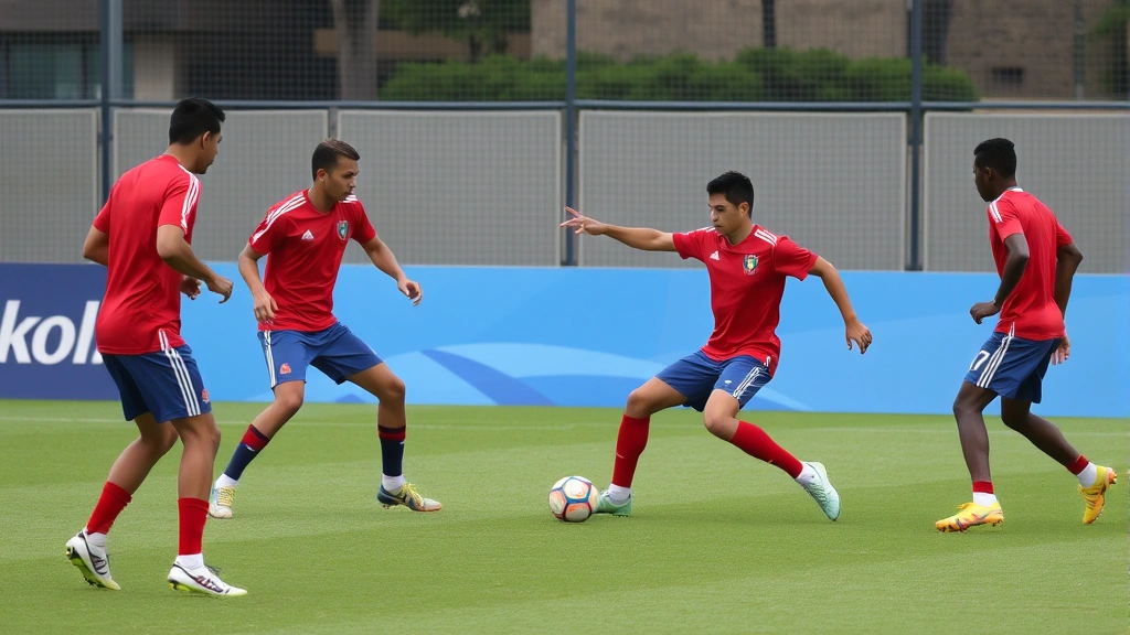 Venezuelan national football team players in red jerseys performing tactical pressing drill against opposing formation, demonstrating defensive coordination and aggressive positioning during organized practice