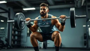Athletic football player performing barbell squat in modern weight room with proper form and depth, professional lighting, focused expression, no logos or text visible on equipment