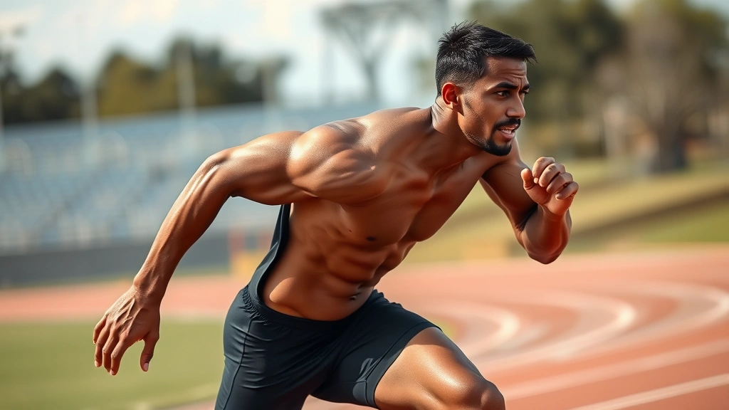 Professional male athlete sprinting at maximum intensity on outdoor track, muscular definition visible, dynamic motion blur background, sweat visible, focused expression, natural daylight