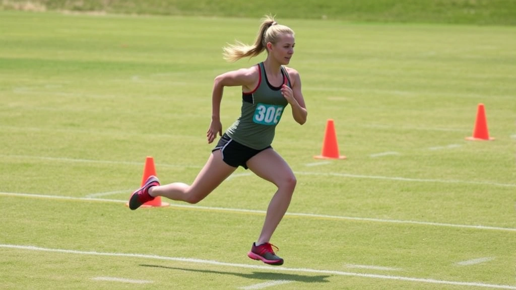 Female athlete performing shuttle sprint drill with directional change, orange cones visible on grass field, athletic intensity captured mid-movement, outdoor setting, competitive focus