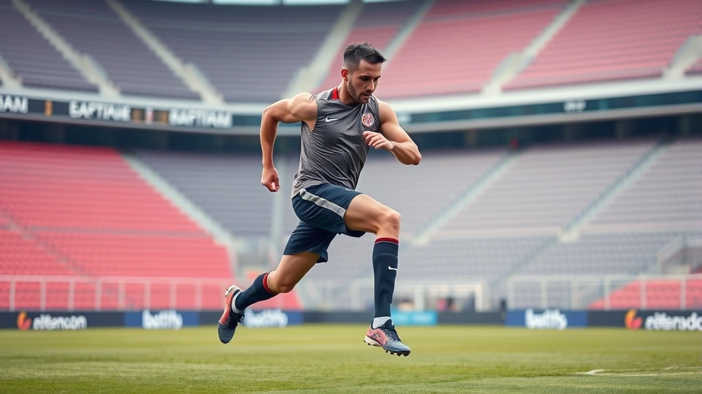 Elite male football player performing high-intensity interval training on grass pitch, explosive jumping movement, muscles engaged, professional athletic wear, stadium background blurred