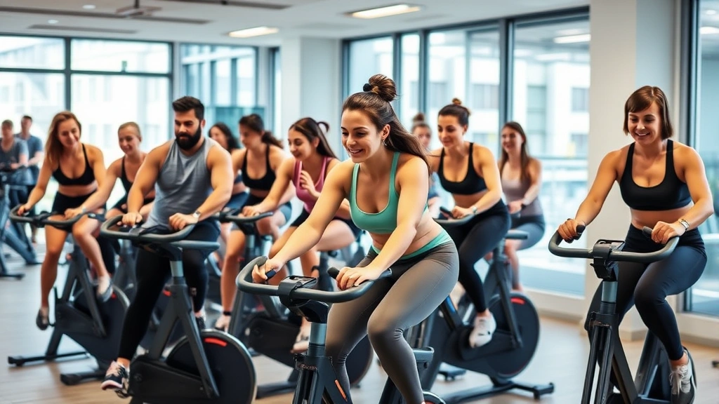 Diverse group of beginner fitness enthusiasts doing interval training on stationary bikes in modern gym studio, energetic atmosphere, varied body types, genuine effort, no equipment labels