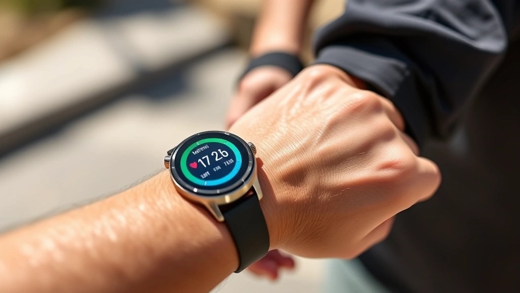 Close-up of athlete's smartwatch displaying heart rate zones during HIIT workout, wrist in motion, vibrant display colors, outdoor bright setting, no brand logos visible