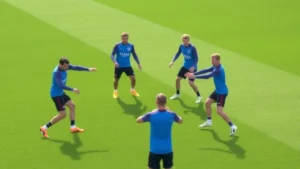Professional football players in England blue jerseys executing synchronized passing drill on pristine grass pitch, demonstrating technical precision and tactical positioning during training session