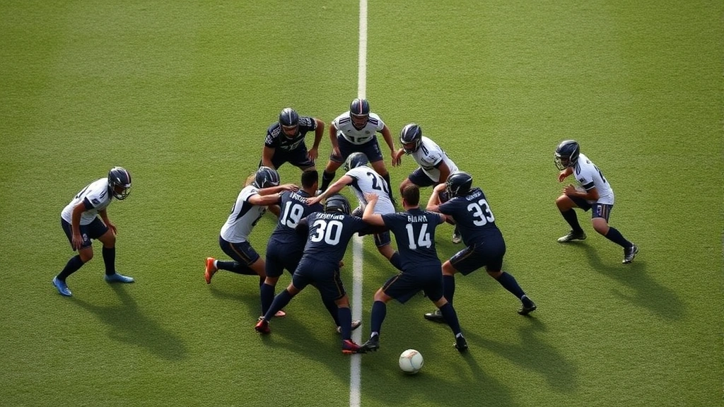 Intense defensive formation with multiple players in compact shape, maintaining disciplinary structure and positioning awareness while blocking central attacking lanes in organized defensive block