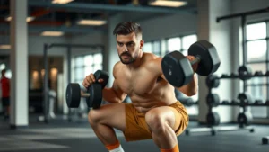 Professional football player performing explosive single-leg squat in modern gym with dumbbells, intense focus expression, athletic physique, natural lighting