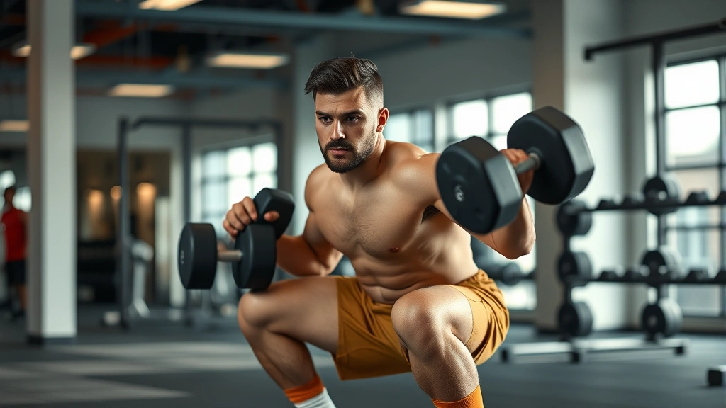 Professional football player performing explosive single-leg squat in modern gym with dumbbells, intense focus expression, athletic physique, natural lighting