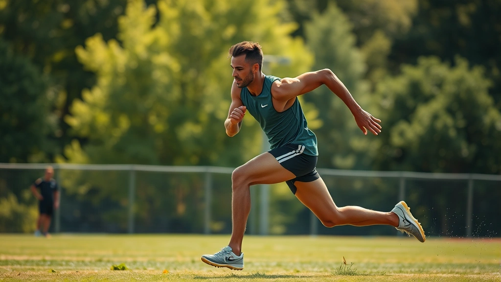Elite athlete sprinting at maximum intensity on outdoor grass field, dynamic motion capture, muscular definition visible, competitive determination facial expression