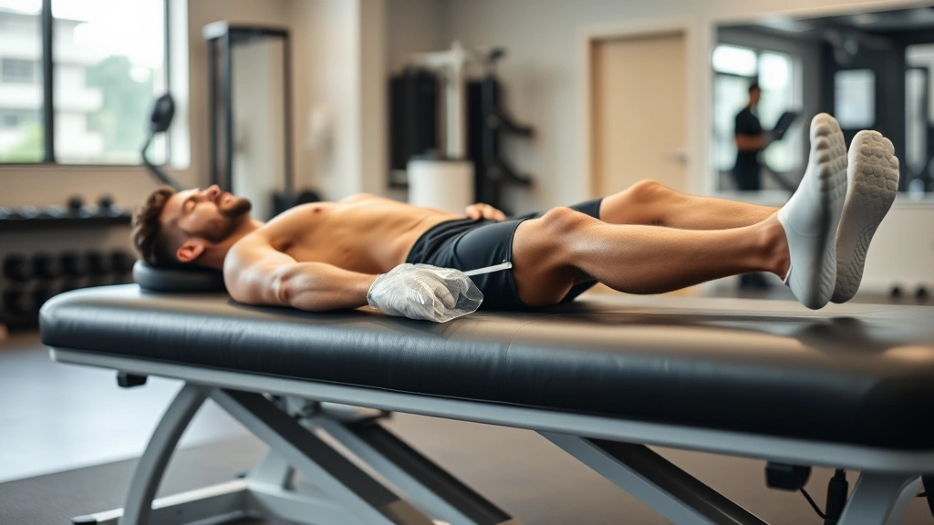 Recovery scene: athlete lying on recovery bed with ice therapy packs on legs, sports medicine facility background, professional conditioning environment, peaceful relaxation
