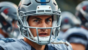Professional football player wearing advanced safety helmet during intense practice drills, close-up of protective padding and shell design, realistic sports photography