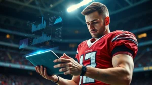 Professional football player in uniform analyzing statistics on tablet with holographic data visualization overlays, stadium background, focused expression, data streams floating around, photorealistic