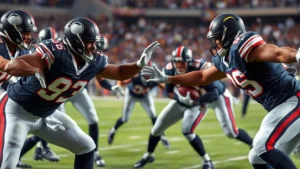 Professional football defense players executing aggressive pass rush against offensive linemen during game, intense focused expressions, stadium lighting, realistic sports photography
