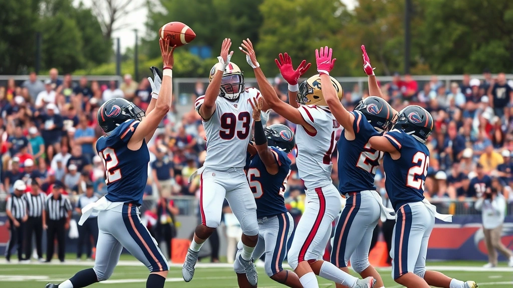 Defensive secondary players celebrating after intercepting football mid-air, multiple defenders jumping with determination, ball visible in hands, energetic game moment