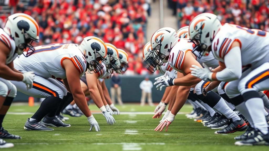 Defense line formation showing players in ready stance at line of scrimmage, intense concentration, stadium background, action-ready positioning
