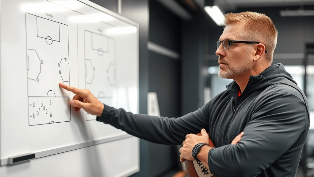 Athletic coach pointing at whiteboard with strategic football formations and play diagrams, professional gym environment, focused expression analyzing tactics