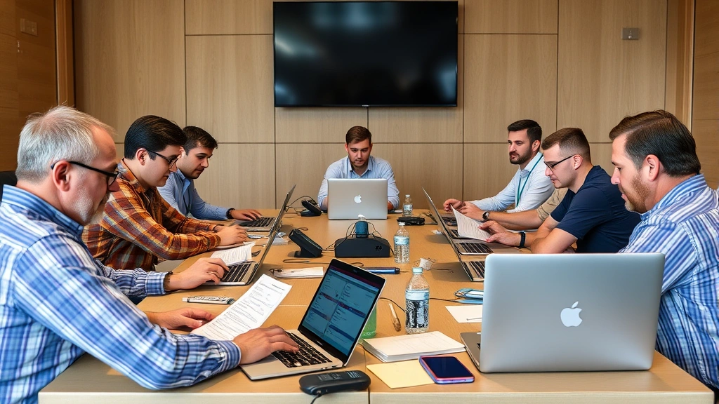 Diverse group of fantasy football players sitting at conference table with laptops and draft guides, analyzing player statistics and rankings intently