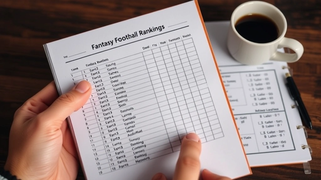 Close-up of hands holding fantasy football draft sheet and rankings notebook with highlighted player names, coffee cup beside detailed notes and calculations