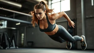 Athletic woman performing intense burpee exercise in modern gym, sweat visible, maximum effort expression, dynamic movement captured mid-jump, professional lighting, fitness motivation