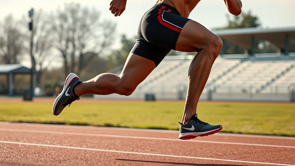 Muscular athlete sprinting on outdoor track at maximum speed, legs in full stride, athletic wear, morning sunlight, professional sports photography style, determination visible